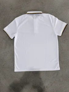 Back view detail of a white men's quick-dry mesh golf Polo shirt with striped trim