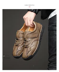 Zapatos casuales de cuero para hombre cosidos a mano con cierre de velcro y textura