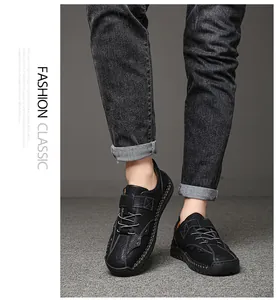 Mocasines casuales de cuero negro cosidos a mano para hombre, zapatos de conducir.