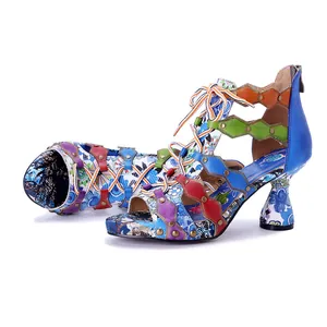 Bohemian handmade genuine leather high heel sandals with colorful floral prints and rivets