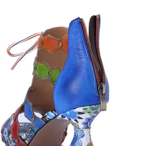 Detailed view of bohemian handmade leather high heel sandal with rear zipper closure