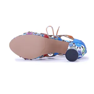 Detailed view of the patterned sole and circular heel of bohemian leather sandals.
