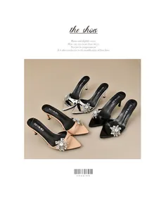 Spitze Pantoletten mit Absatz in Silber, Schwarz und Beige mit Strass-Dekor