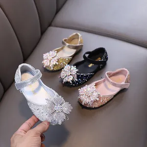 Zapatos de Princesa con Diamantes de Imitación para Niñas Lazo de Flor de Copo de Nieve Brillantes PU Mary Jane para Boda Fiesta