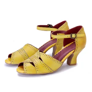 Sandali Donna American Vintage in Pelle di Pecora con Tacco Alto Pelle Sfregata a Mano Bordo a Festone Sandali Intagliati con Cinturino Scarpe Tacco Grosso