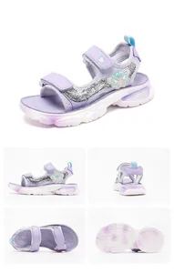 Vues détaillées des sandales violettes pailletées pour filles avec papillon
