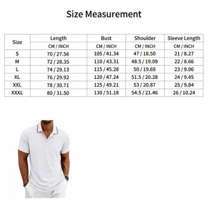 Size guide for men's white quick-dry golf Polo shirt with dimensions in CM and INCH