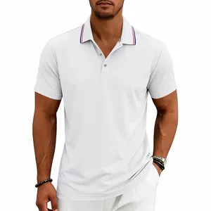 Men's white short sleeve quick-dry polo shirt with striped collar for golf and casual wear.