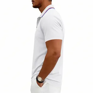 Side view detail of a white men's quick-dry golf polo shirt with striped collar.