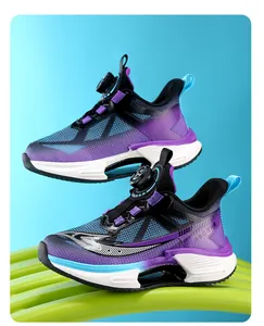Detail of kids breathable mesh sneakers with gradient purple and rotary buckle.