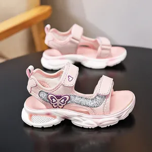 Sandales d'été roses pour filles avec décor papillon et semelle épaisse souple antidérapante
