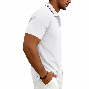 Side view of a white quick-dry men's Polo shirt with tri-color collar trim