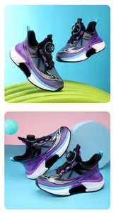 Stylish mesh kids sneakers with rotary buckle system in purple and blue, perfect for running.