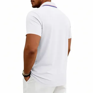 Men's white quick-dry polo shirt featuring casual fit and tricolor striped collar detail