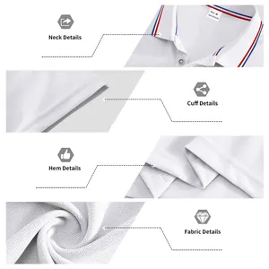 Detail view of white quick-dry golf Polo shirt showing neck, cuff, and fabric texture.