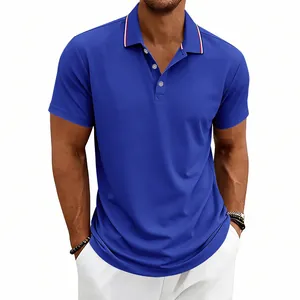 Detail of royal blue quick-dry polo shirt with striped collar and three-button placket.