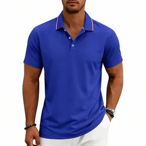 Macro detail of a royal blue quick-dry men's polo shirt with stylish striped collar trim
