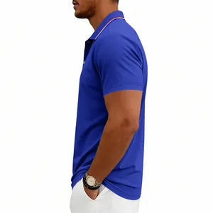 Side profile view of a blue men's quick-dry golf polo shirt with striped collar detail.