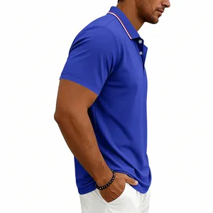 Side view of a men's royal blue quick-dry golf polo shirt with striped collar detail