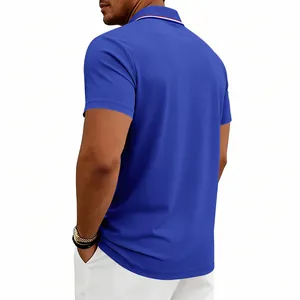 Back view of mens blue short sleeve quick-dry golf polo shirt with striped collar