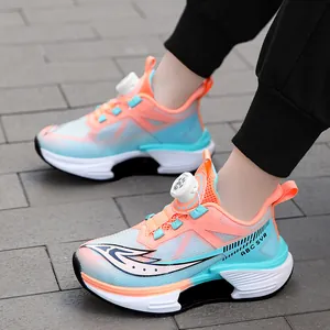 Breathable children's mesh sports shoes with rotary buckle dial in orange and turquoise
