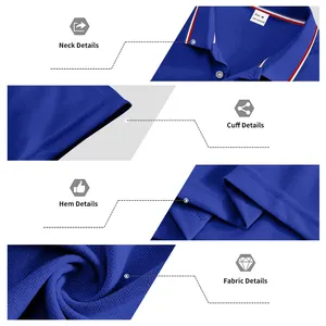 Detail views of neck, cuff, hem, and breathable fabric of blue men's polo shirt