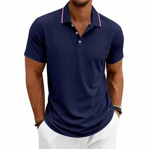 Detailed macro shot of a navy blue quick-dry polo shirt featuring striped collar trim