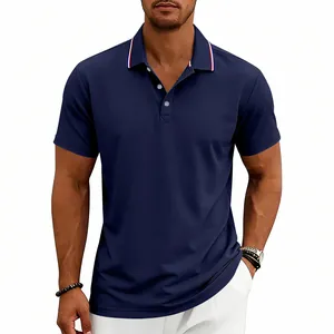 Detail of navy blue men's quick-dry golf polo shirt with striped collar