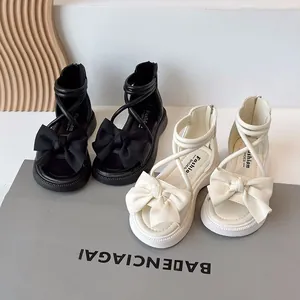 Sandales Romaines pour Filles Été Nouvelles Sandales à Nœud Semelle Souple Enfants Chaussures de Plage Bout Ouvert avec Fermeture Éclair Arrière Sandales en Cuir PU
