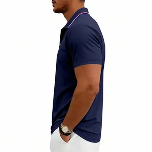Side view of navy blue men's quick-dry golf polo shirt showing the sleeve and collar detail.