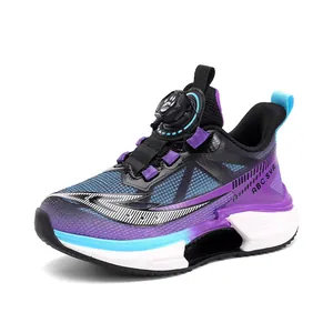 Breathable mesh kids sports shoes with rotary buckle in purple and black design