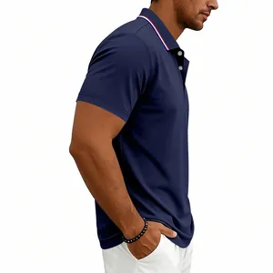 Side view of men's navy blue quick-dry golf polo shirt with tricolor collar detail.