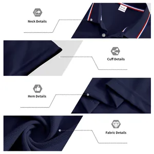 Detailed macro views of navy blue quick-dry polo shirt collar, cuff, and fabric texture