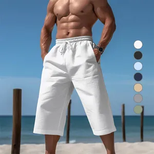 Pantalon Capri Décontracté en Polyester pour Hommes Été Respirant Couleur Unie Cordon Desserré Plage Pantalon Droit pour Vacances