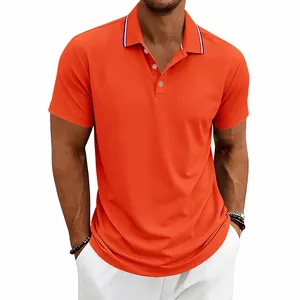 Close-up detail of men's orange quick-dry polo shirt with striped collar and casual fit