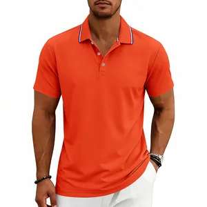 Detailed view of vibrant orange men's quick-dry polo shirt featuring a striped polo collar