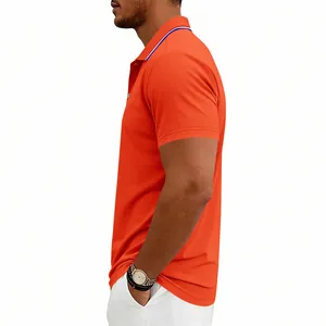 Side view of vibrant orange quick-dry men's polo shirt with striped collar detail