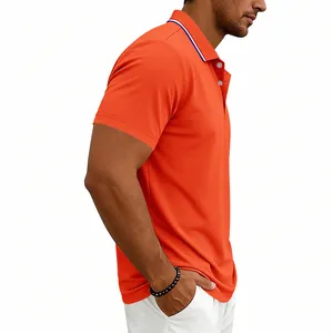 Side view of a men's vibrant orange quick-dry golf polo shirt with striped collar.