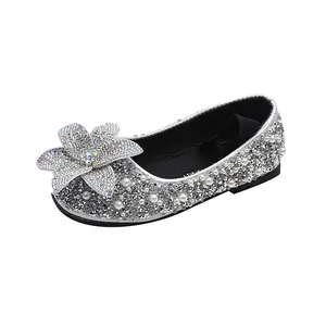 Elegant silver rhinestone princess flat for girls with pearl floral design