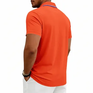 Men's orange short-sleeved quick-dry golf polo shirt showing back fit and tricolor collar