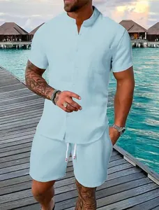 Men's light blue waffle texture short-sleeve shirt and shorts set for summer travel