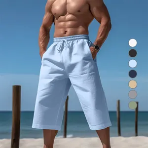 Pantalon court en lin bleu clair pour homme avec taille à cordon et poches latérales