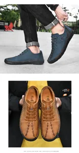Detailed view of men's handmade leather casual shoes in blue and brown variants