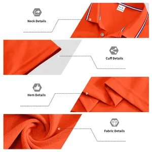 Detailed macro view of orange quick-dry polo shirt neck, cuff, and fabric texture.