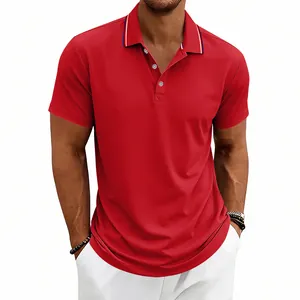 Detailed shot of a classic red men's polo shirt featuring a striped collar design.
