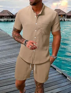 Men's casual tan textured short sleeve shirt and shorts set for tropical summer vacations.