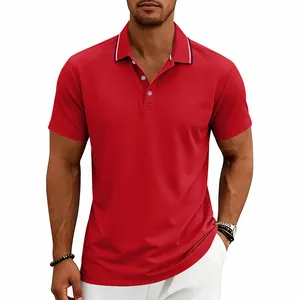 Red quick-dry men's short sleeve polo shirt with striped collar detail for golf.