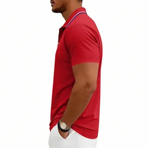 Side view of men's red quick-dry golf Polo shirt featuring striped collar detail