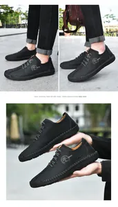 Handmade black leather casual shoes for men featuring lace-up design and stitch detail.