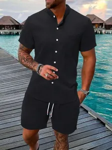 Men Casual Waffle Texture Top And Bottom Set Short Sleeve Stand Collar Shirt And Drawstring Shorts Summer Beach Vacation Outfit